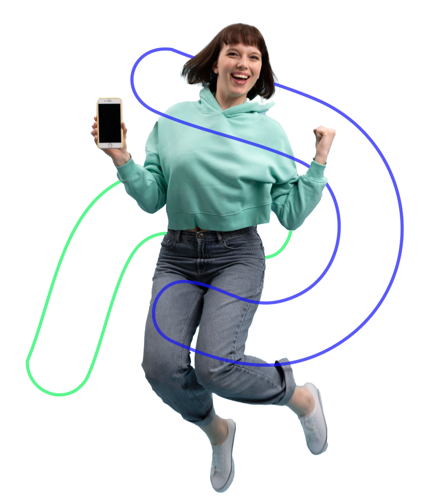 Mutlu kadın telefon ile zıplıyor